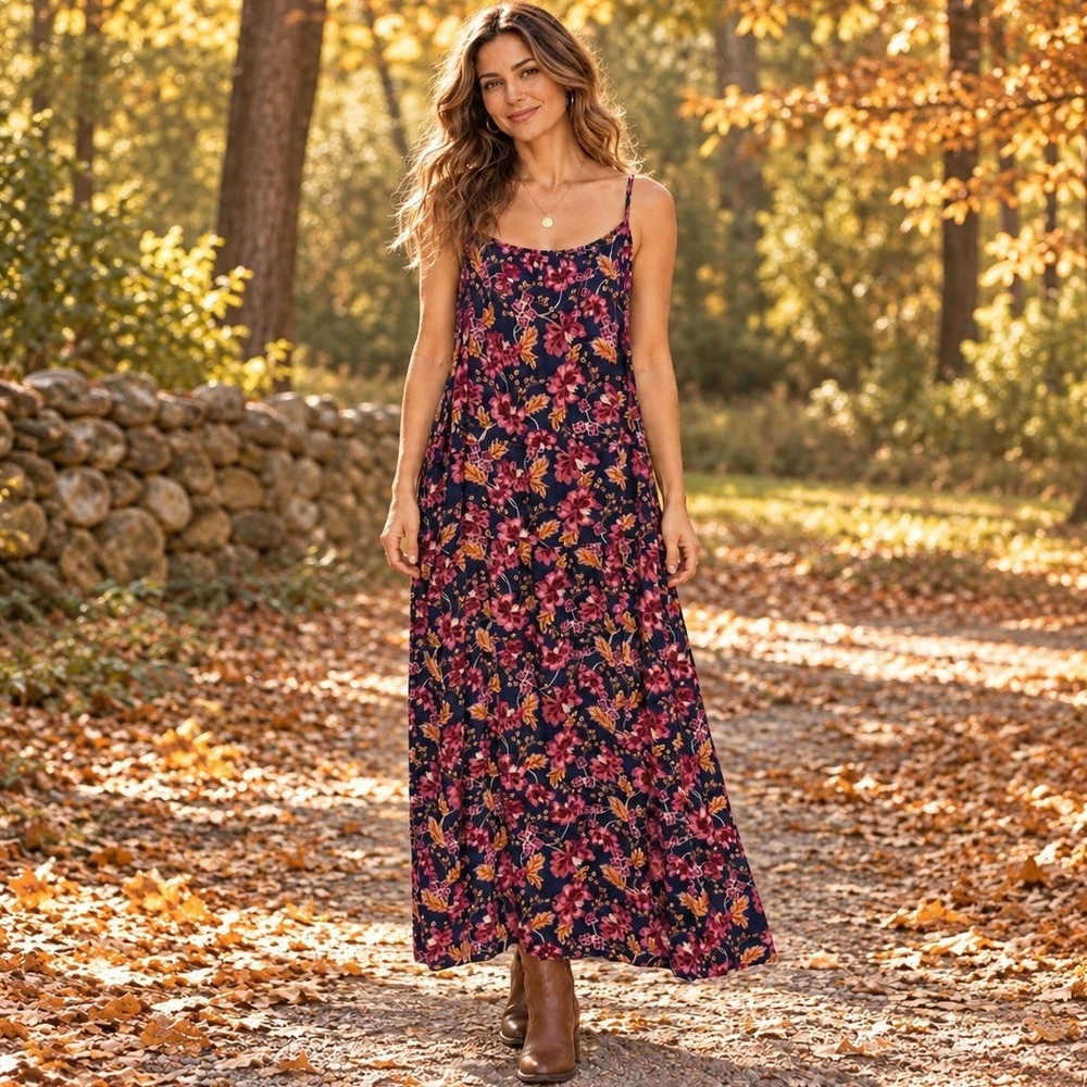 Old Navy Floral Linen Blend Tiered Midi Dress Navy XXL Tall Boho Cottagecore